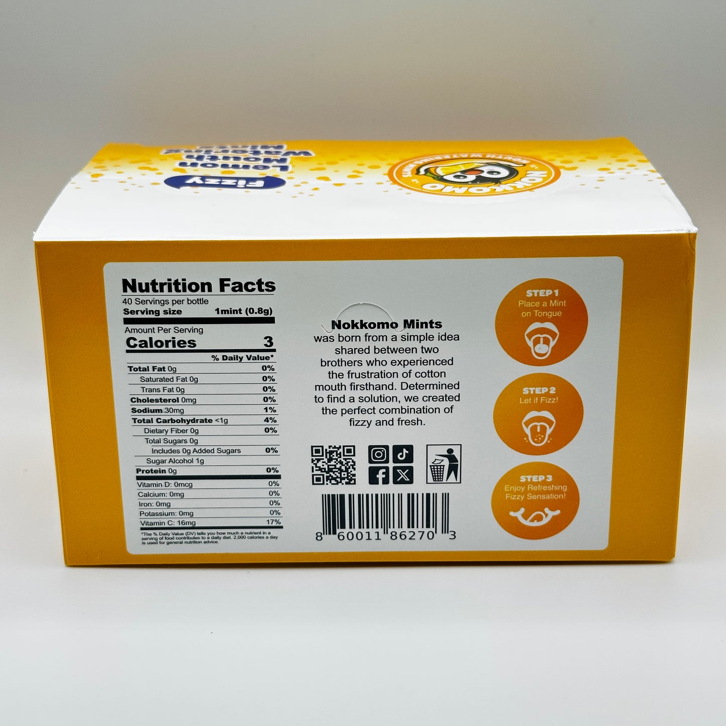 Nokkomo mints packaging with nutrition facts and branding on a white background
