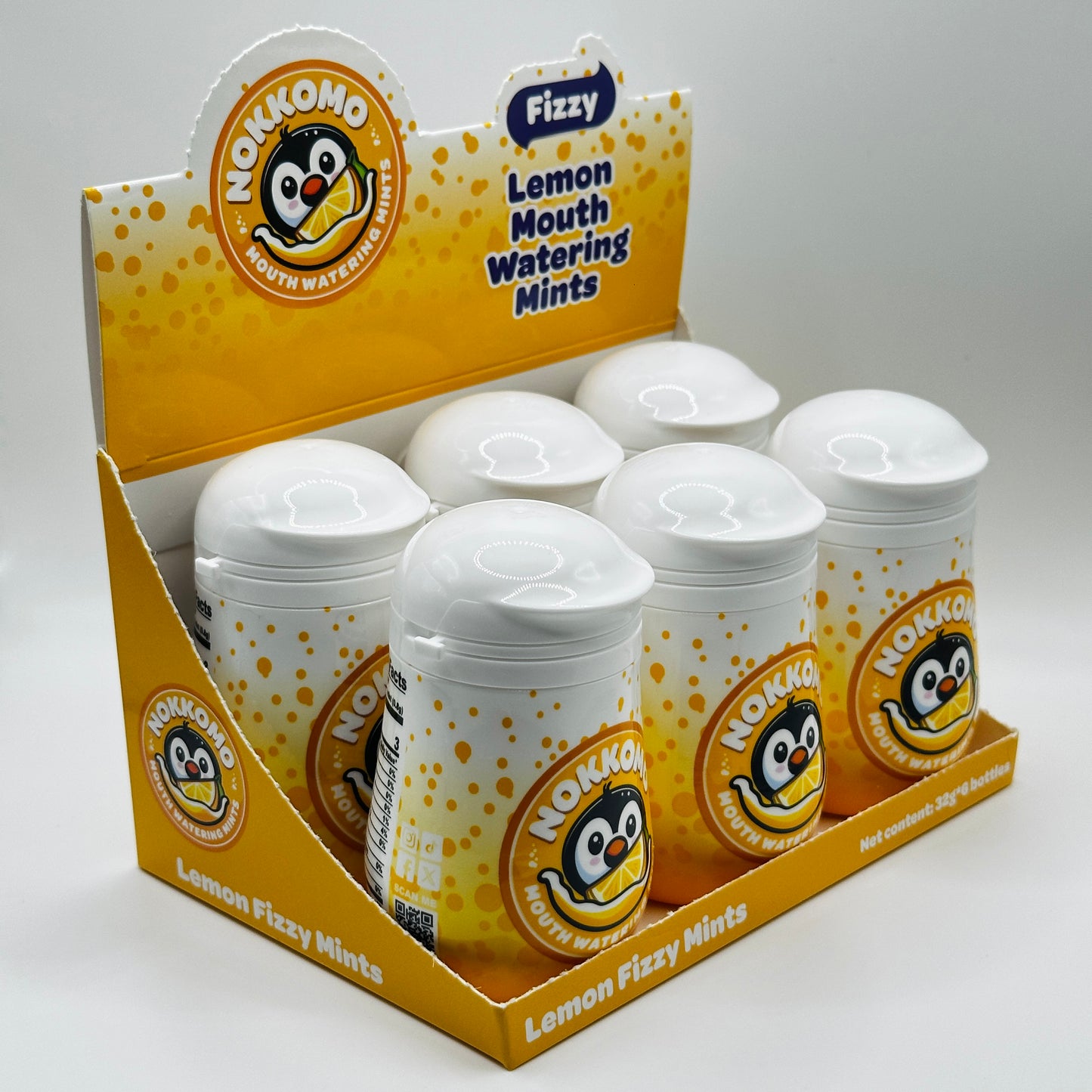 Display of Monkkono lemon mouth watering mints in packaging on a white background
