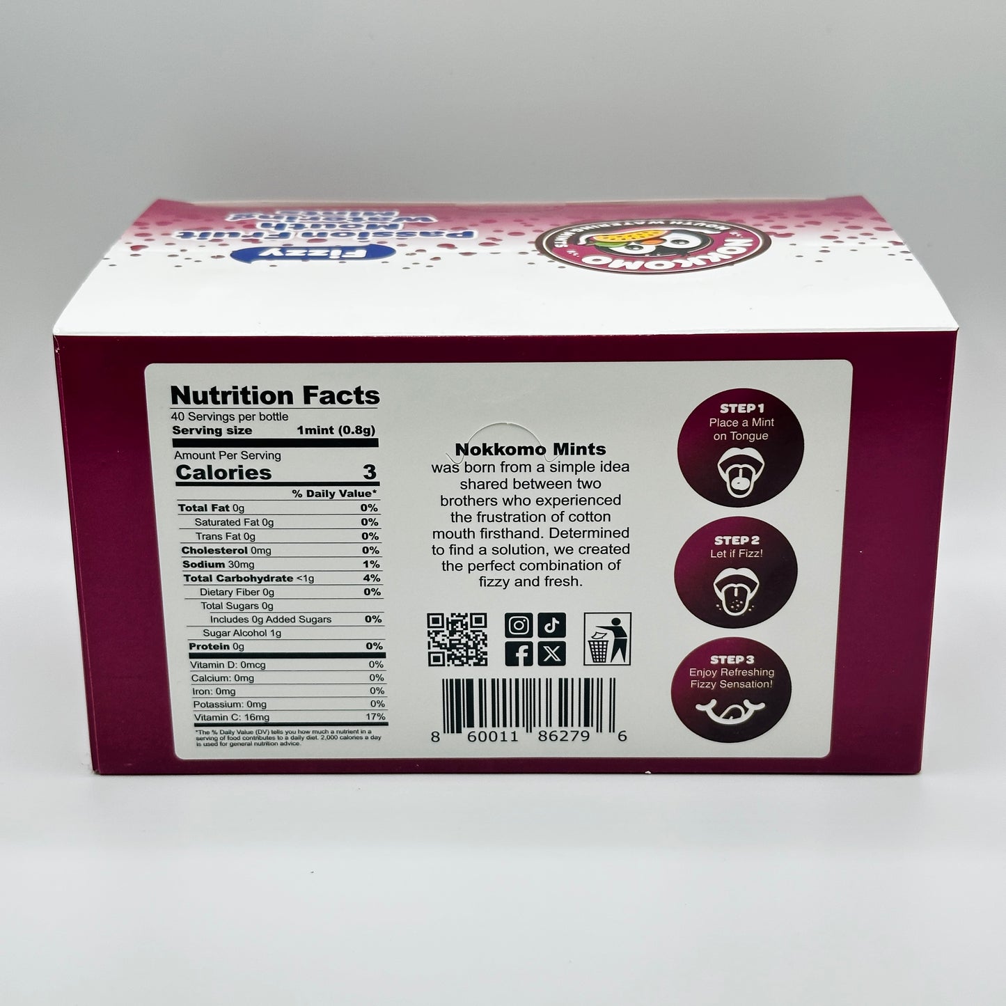 Back of a Nokhom Mint box with nutrition facts and product description on a white background