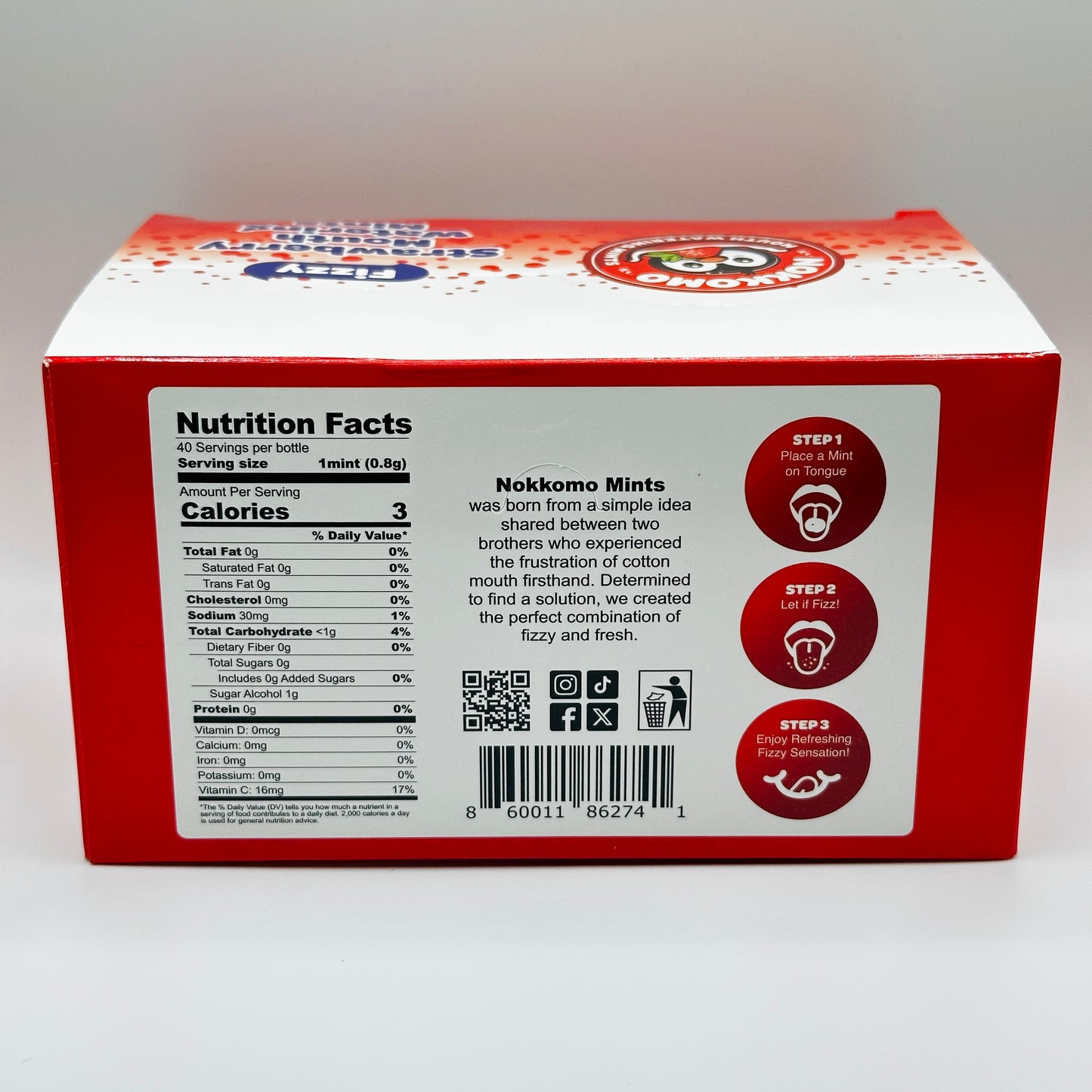 Back of a Nokkomo Mints box with nutrition facts and product description on a white background