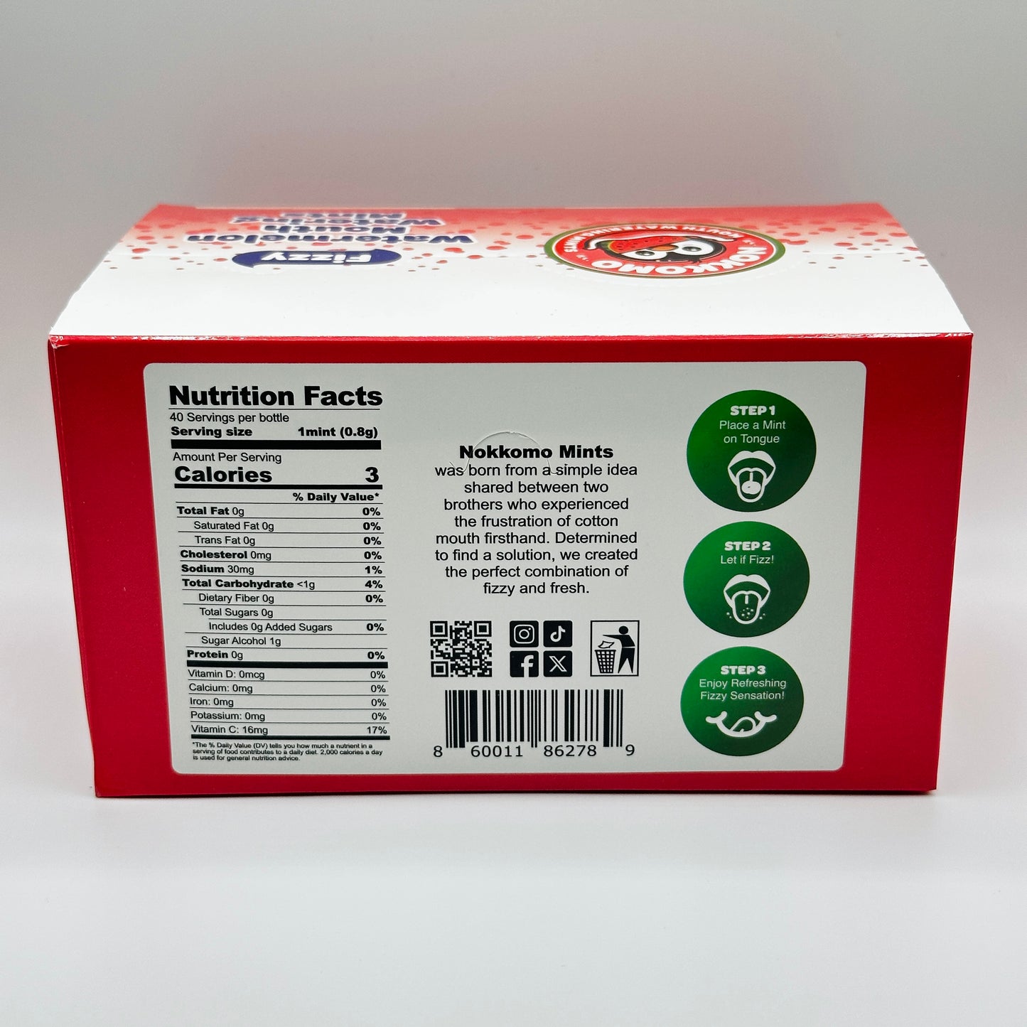 Back of a Nokkoma mints box with nutrition facts and branding on a white background