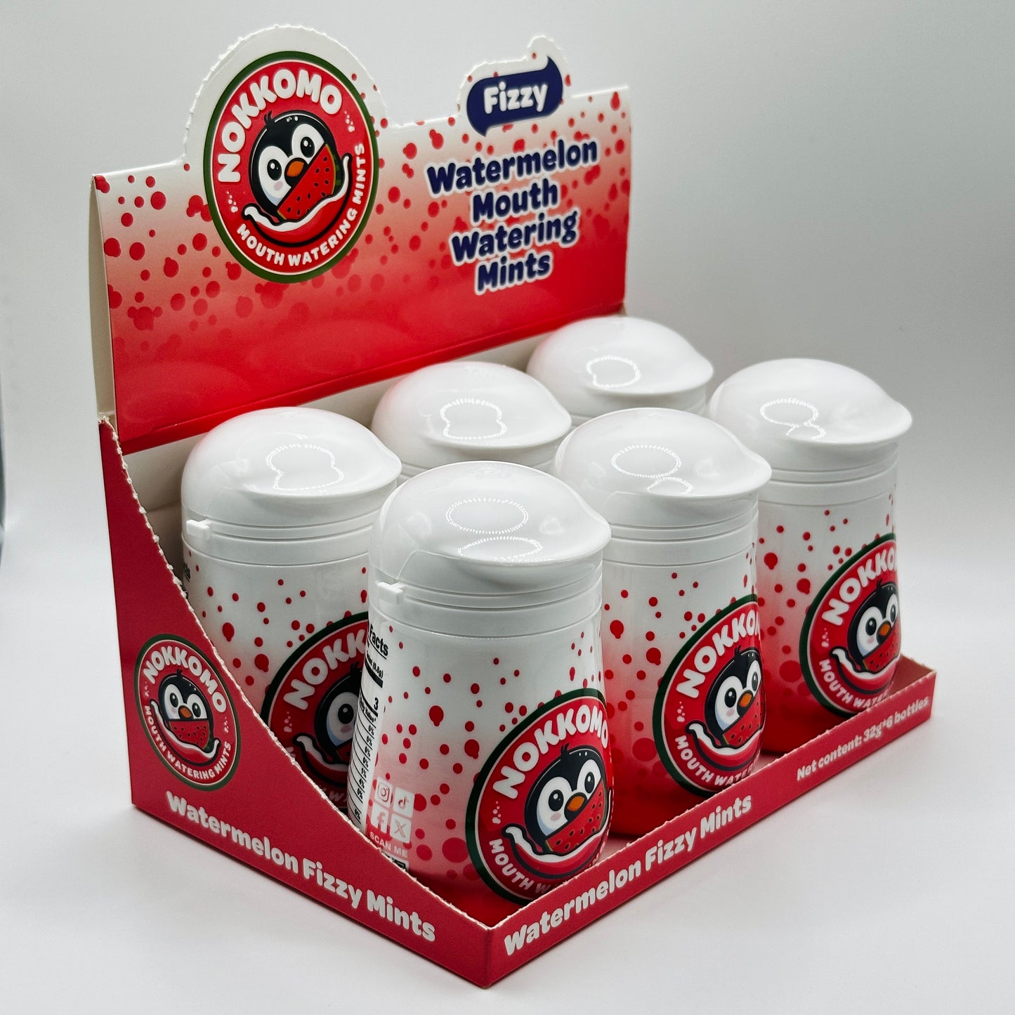Display box of Nokkono Watermelon Fizzy Mints with multiple containers.