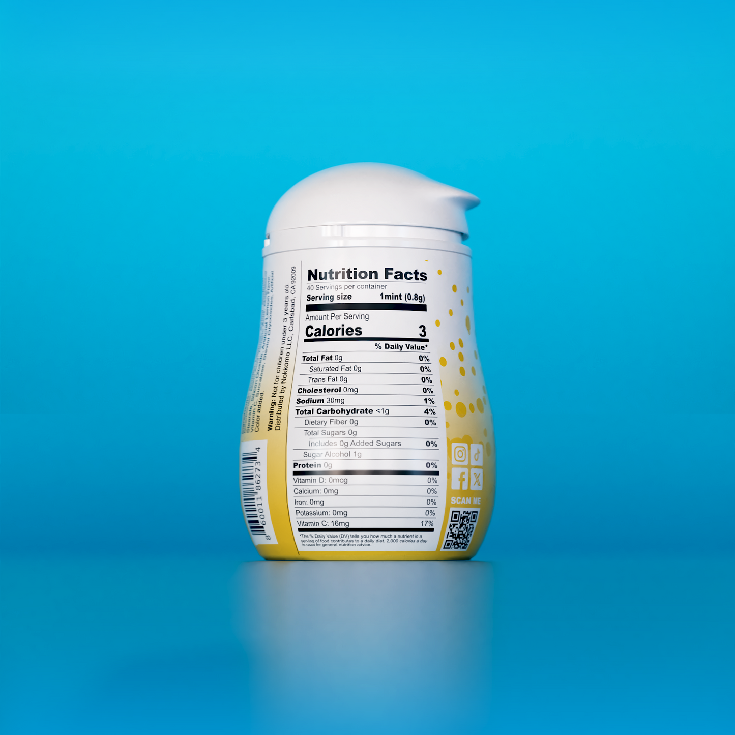 Single Lemon flavored Nokkomo Mints bottle for dry mouth relief and fresh breath in a portable container.