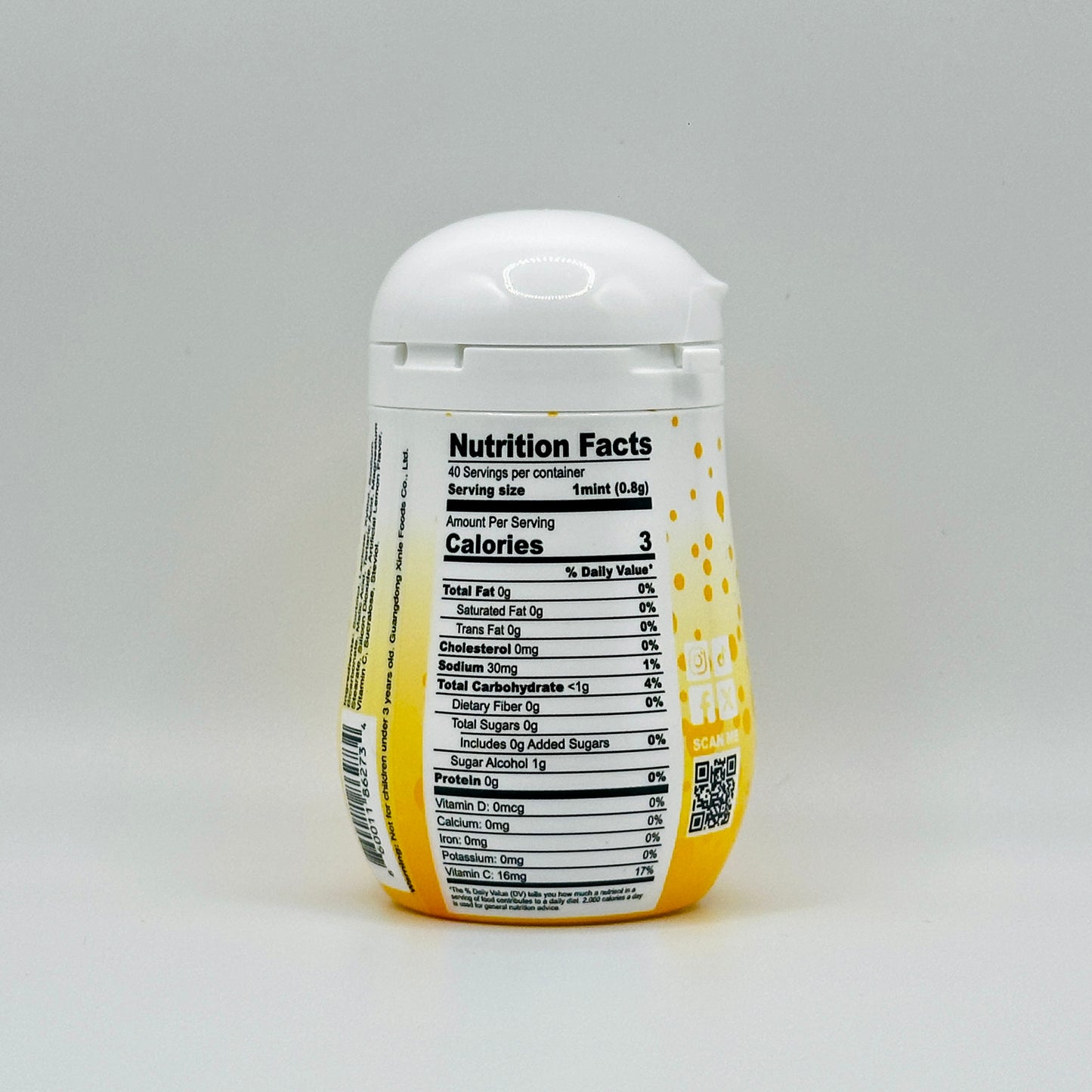 Nutrition Facts of a Single bottle of Lemon flavored Nokkomo Mints for dry mouth relief and fresh breath in a portable container.