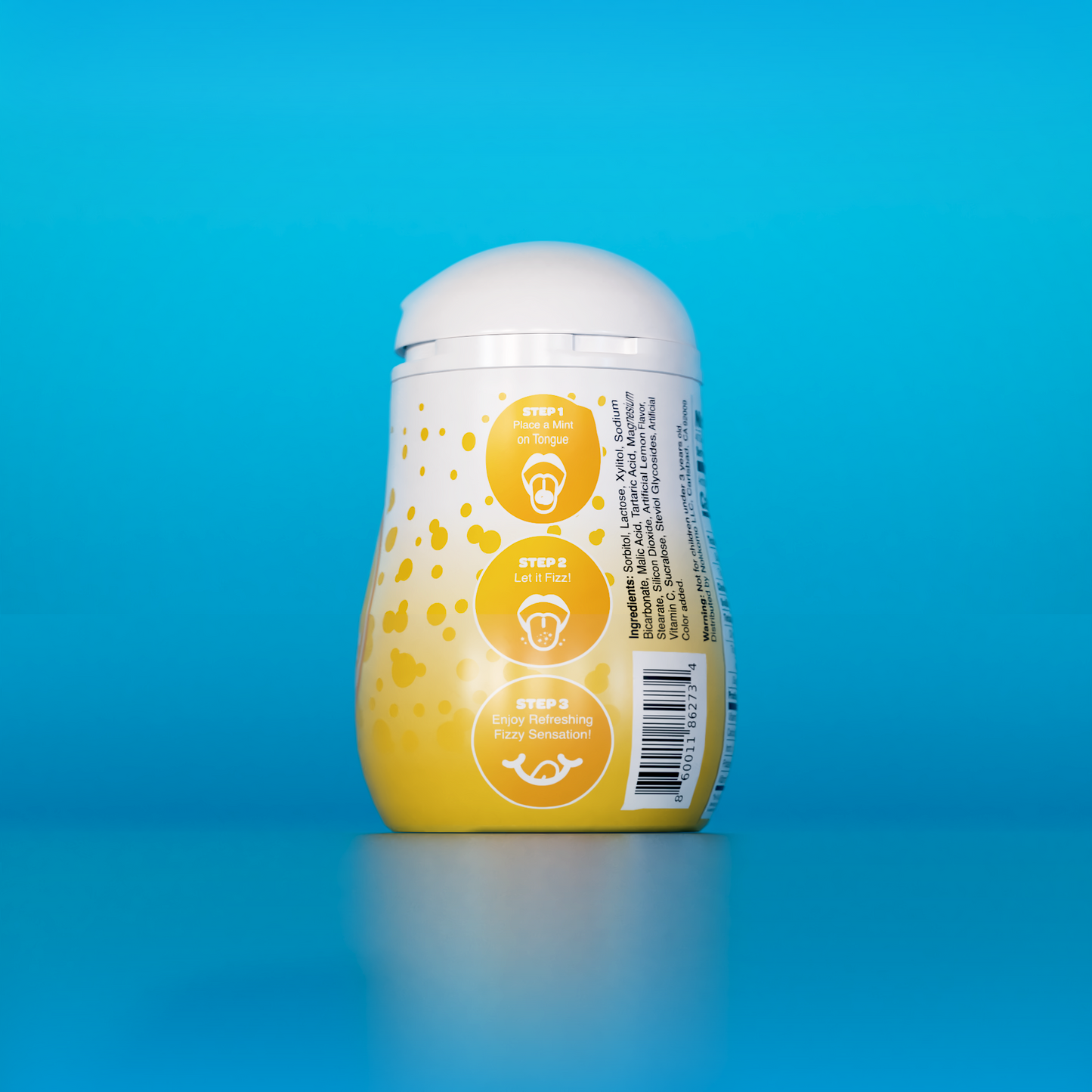 Single Lemon flavored Nokkomo Mints bottle for dry mouth relief and fresh breath in a portable container.