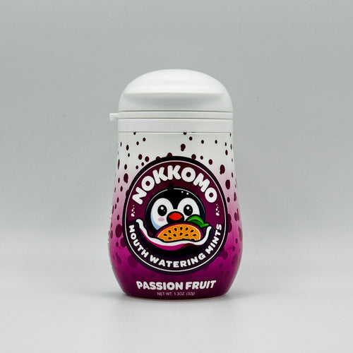 Single Passion Fruit flavored Nokkomo Mints bottle for dry mouth relief and fresh breath in a portable container.