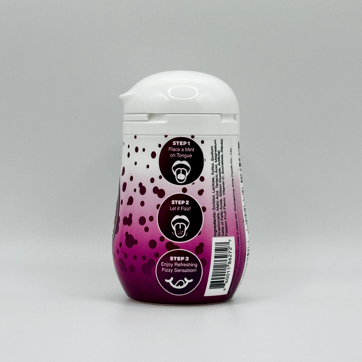 Single Passion Fruit flavored Nokkomo Mints bottle for dry mouth relief and fresh breath in a portable container.
