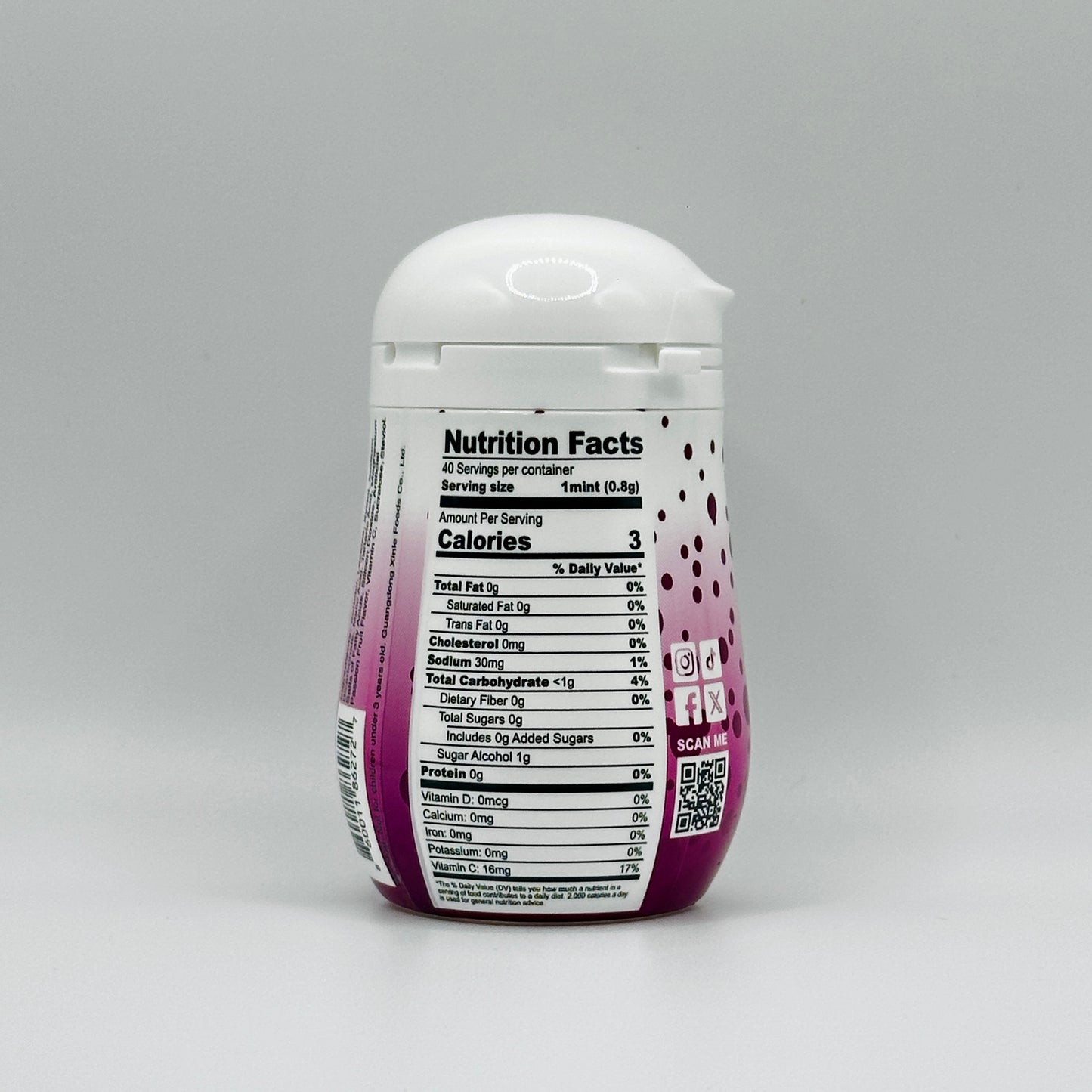 Nutrition Facts of a Single bottle of Passion Fruit flavored Nokkomo Mints for dry mouth relief and fresh breath in a portable container.