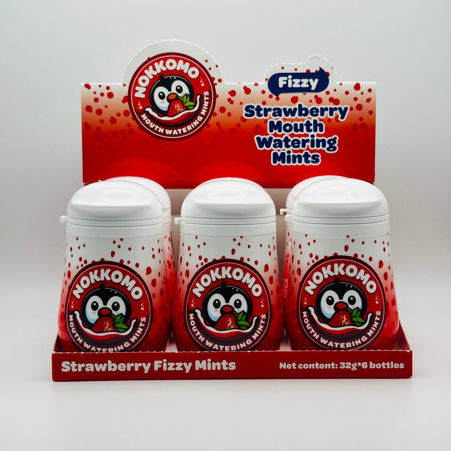 Six bottles of Strawberry flavored Nokkomo Mints for dry mouth relief and fresh breath in portable containers.