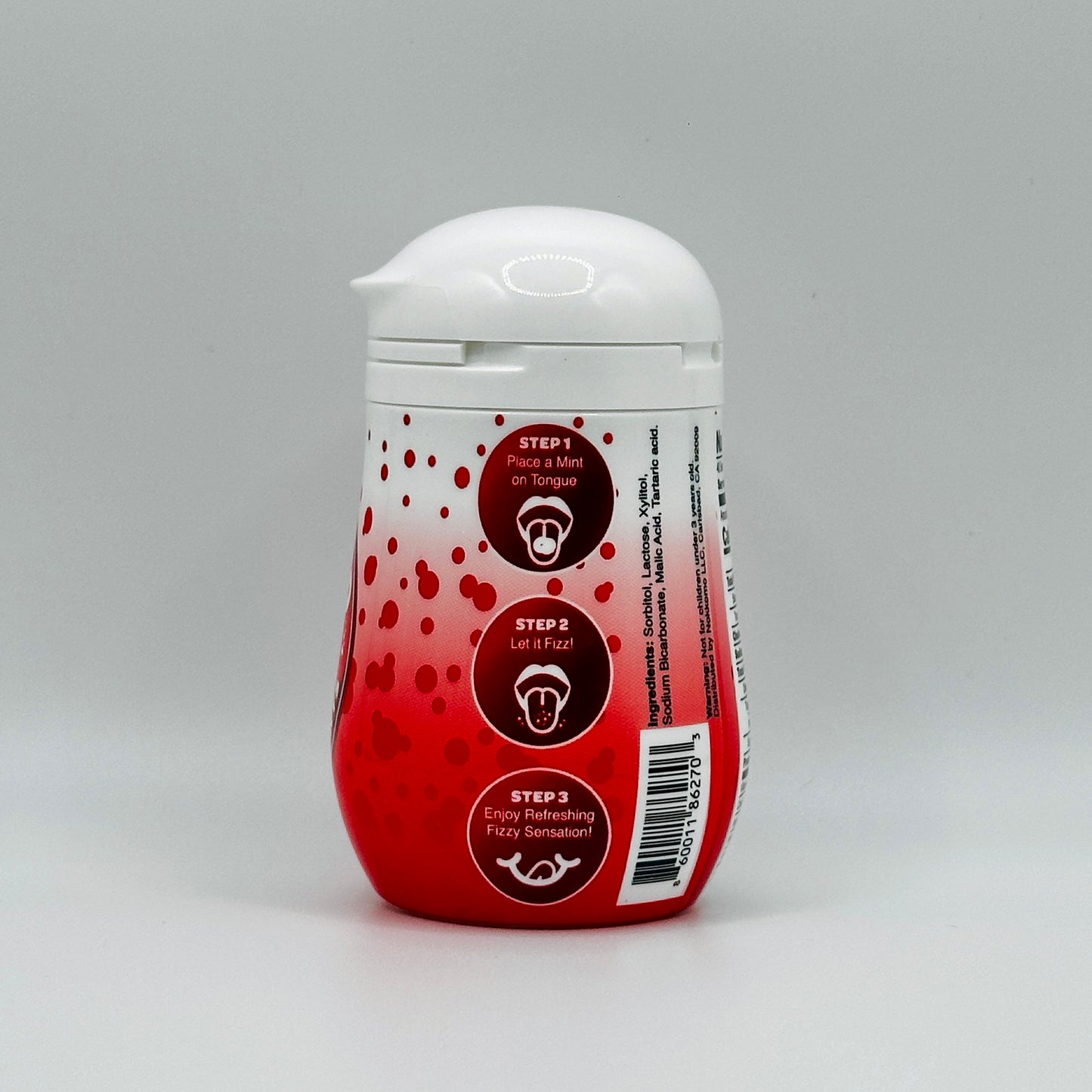 Single Strawberry flavored Nokkomo Mints bottle for dry mouth relief and fresh breath in a portable container.