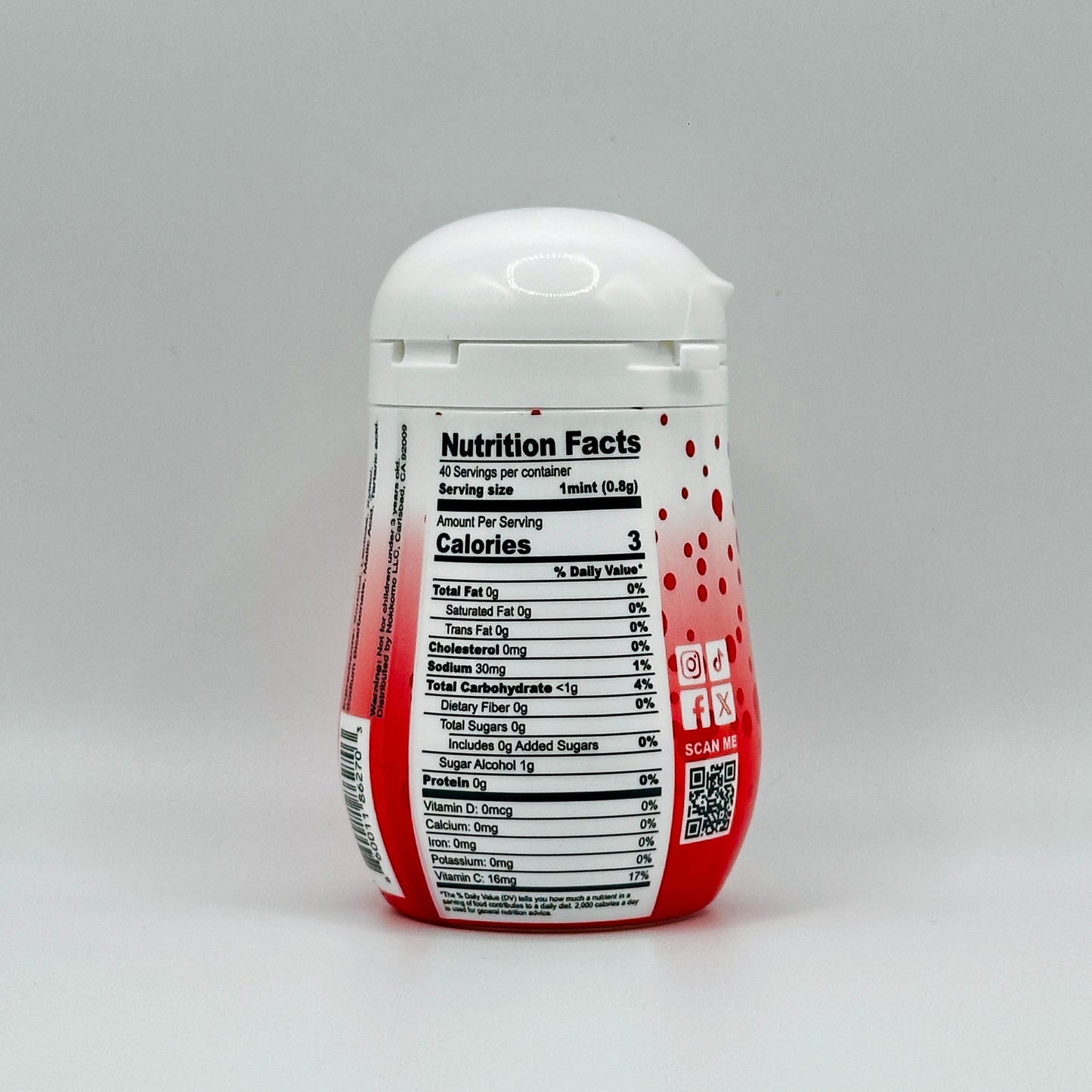 Nutrition Facts of a Single bottle of Strawberry flavored Nokkomo Mints for dry mouth relief and fresh breath in a portable container.