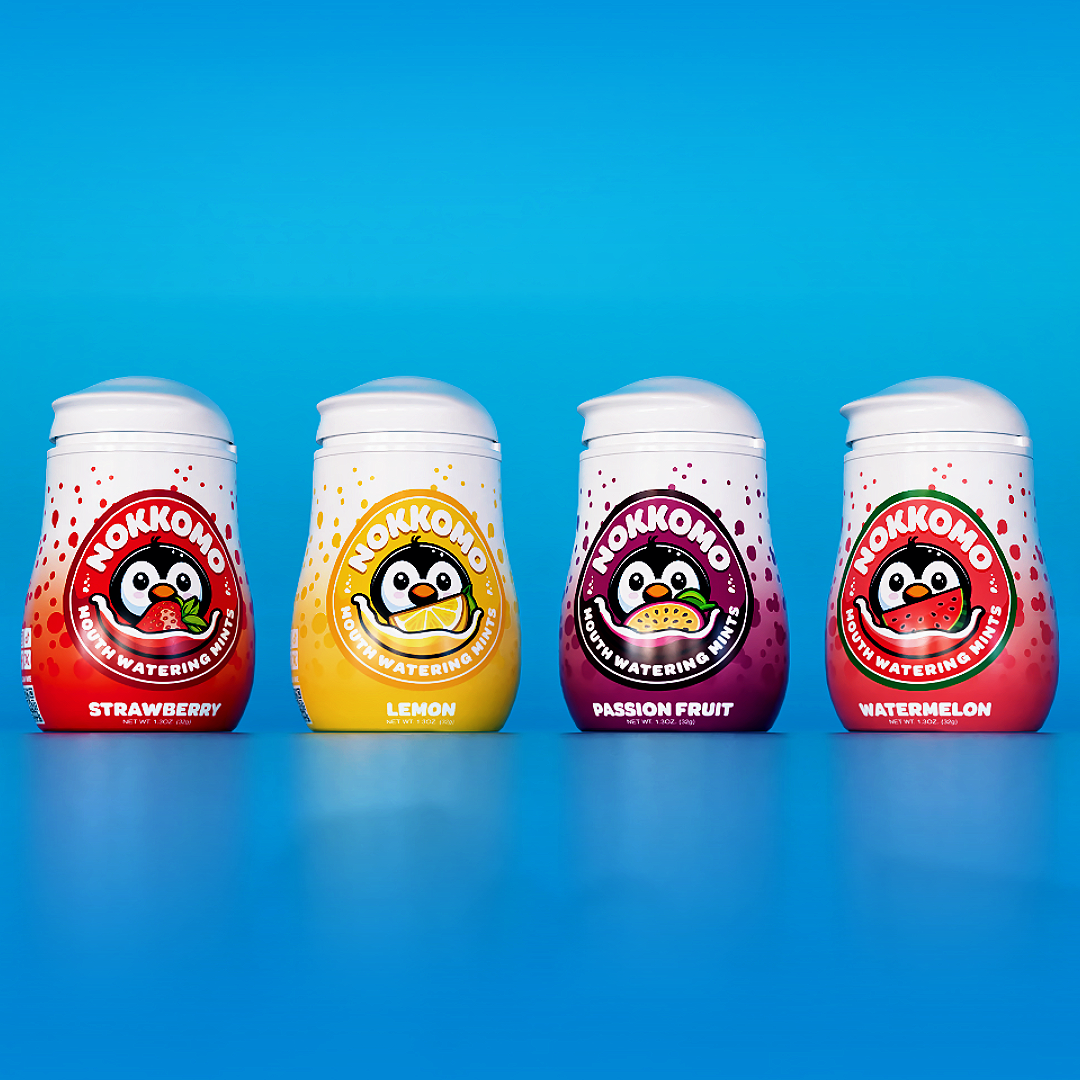 Four Nokkono fruit watermelon bottles with colorful labels on a blue background