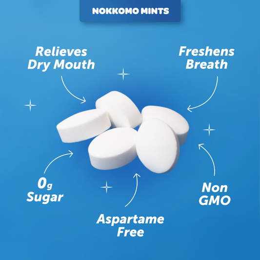 Nokkomo mints on a blue background with text highlighting benefits