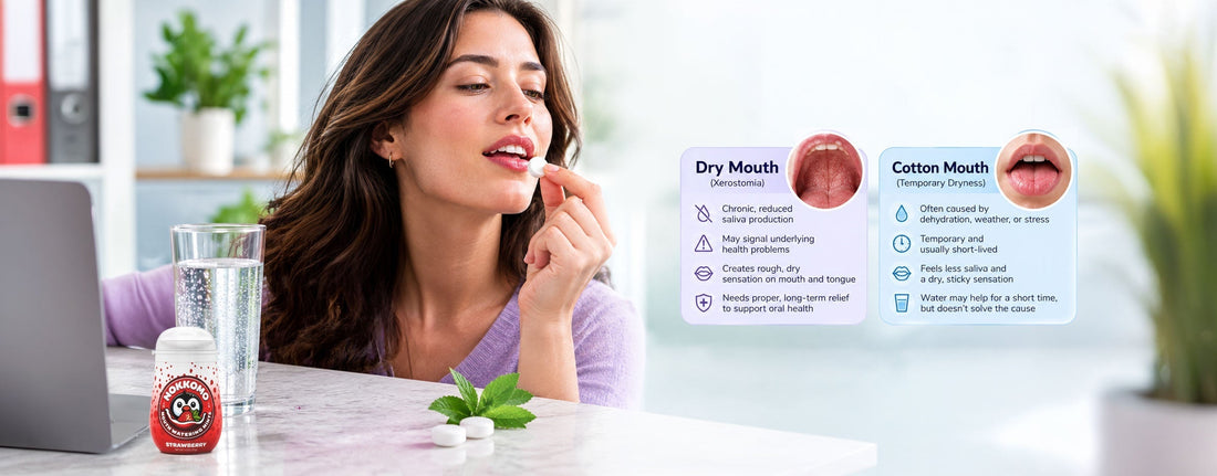 a woman having a nokkomo mint to get relief from dry mouth and cotton mouth symptoms