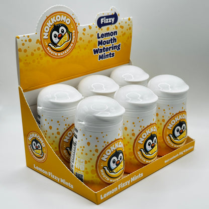 Display of Monkkono lemon mouth watering mints in packaging on a white background