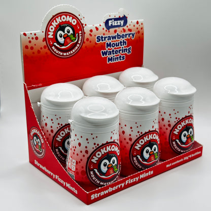 Display box of Nokkono Strawberry Fizzy Mints with multiple containers.