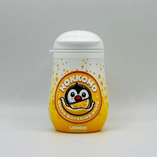 Single Lemon flavored Nokkomo Mints bottle for dry mouth relief and fresh breath in a portable container.