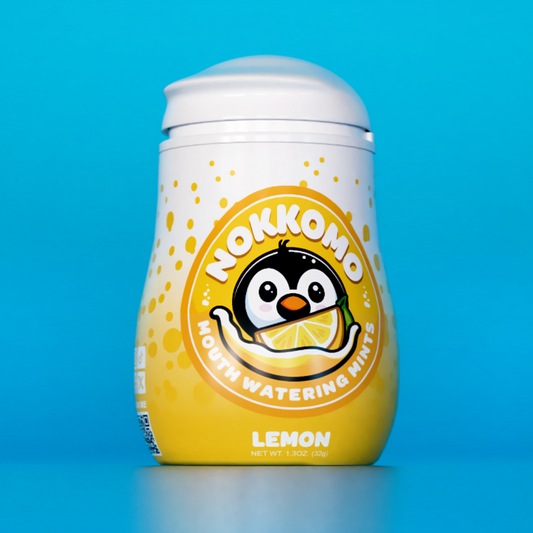 Single Lemon flavored Nokkomo Mints bottle for dry mouth relief and fresh breath in a portable container.