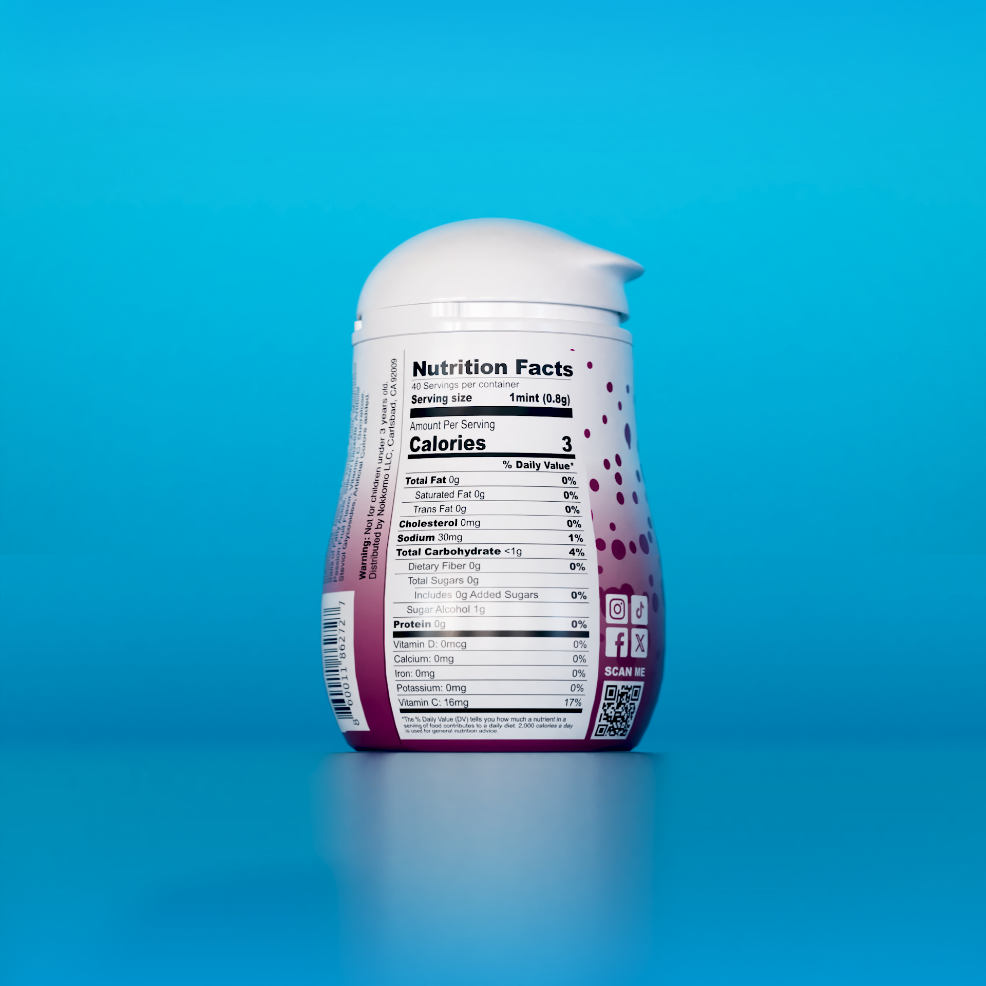 Single Passion Fruit flavored Nokkomo Mints bottle for dry mouth relief and fresh breath in a portable container.