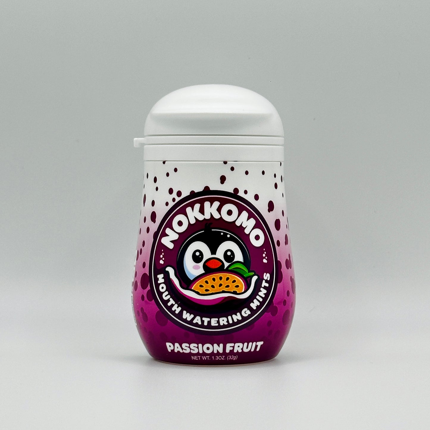Single Passion Fruit flavored Nokkomo Mints bottle for dry mouth relief and fresh breath in a portable container.