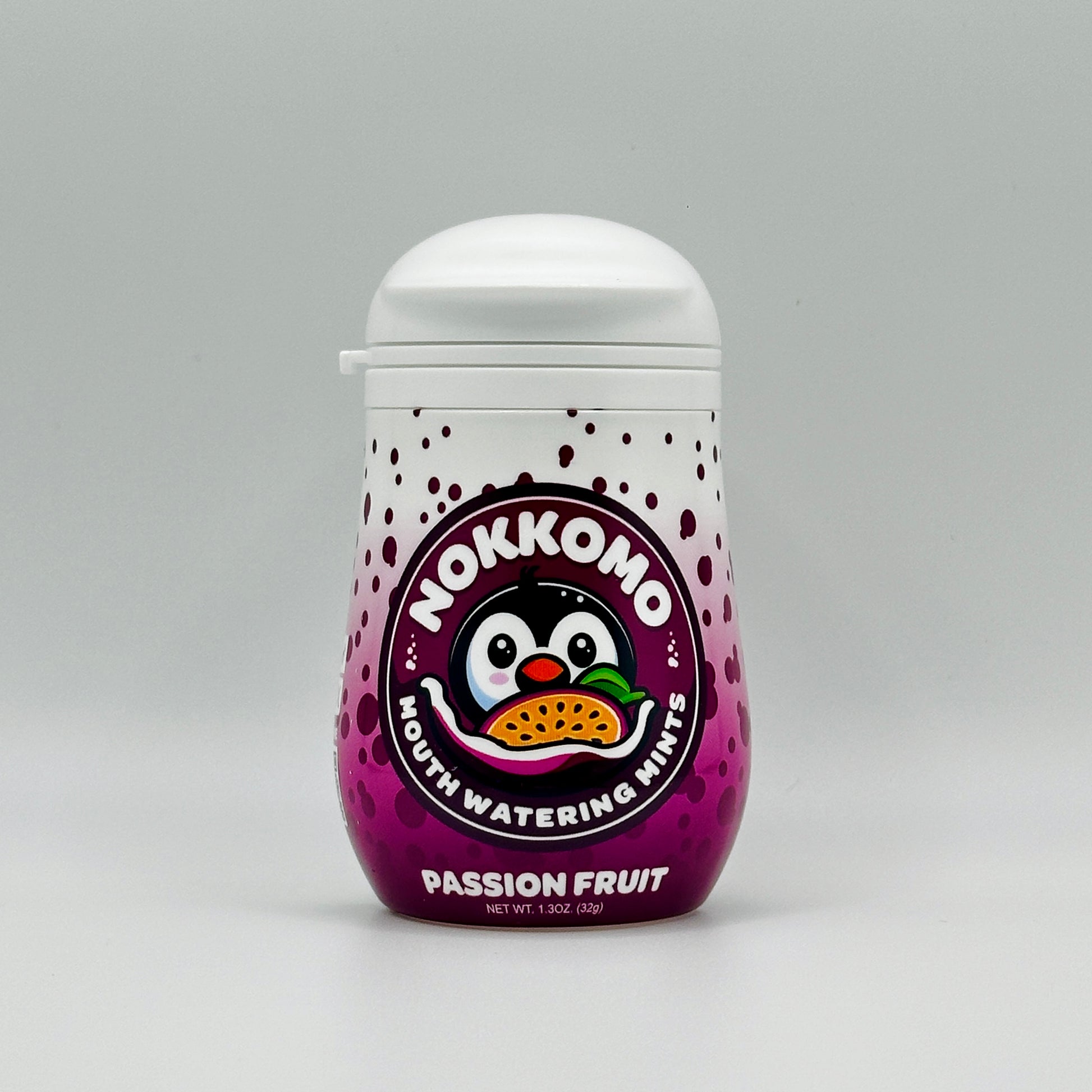 Single Passion Fruit flavored Nokkomo Mints bottle for dry mouth relief and fresh breath in a portable container.