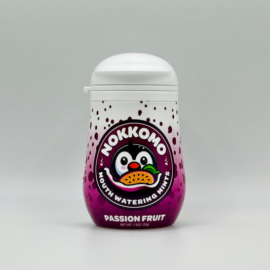 Single Passion Fruit flavored Nokkomo Mints bottle for dry mouth relief and fresh breath in a portable container.