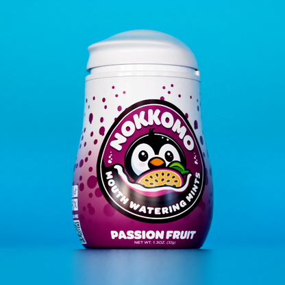 Single Passion Fruit flavored Nokkomo Mints bottle for dry mouth relief and fresh breath in a portable container.
