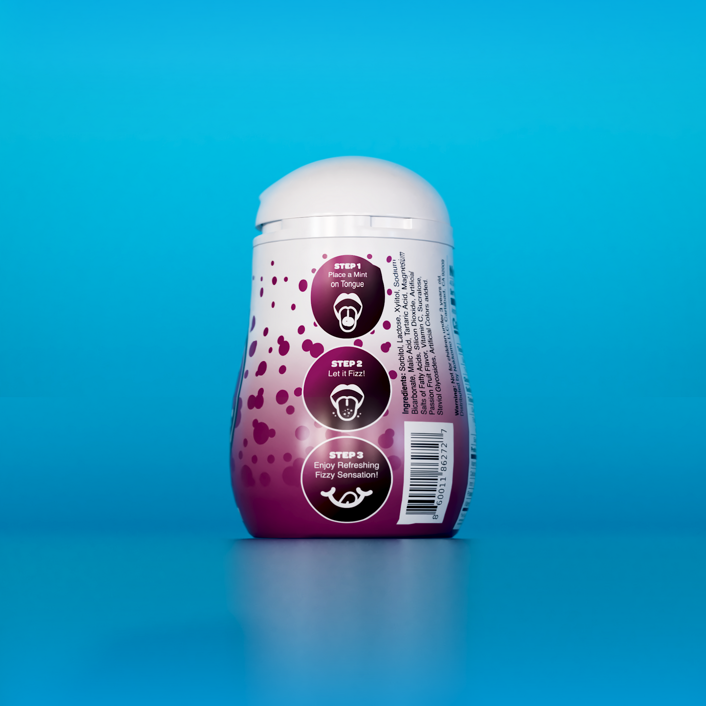 Single Passion Fruit flavored Nokkomo Mints bottle for dry mouth relief and fresh breath in a portable container.