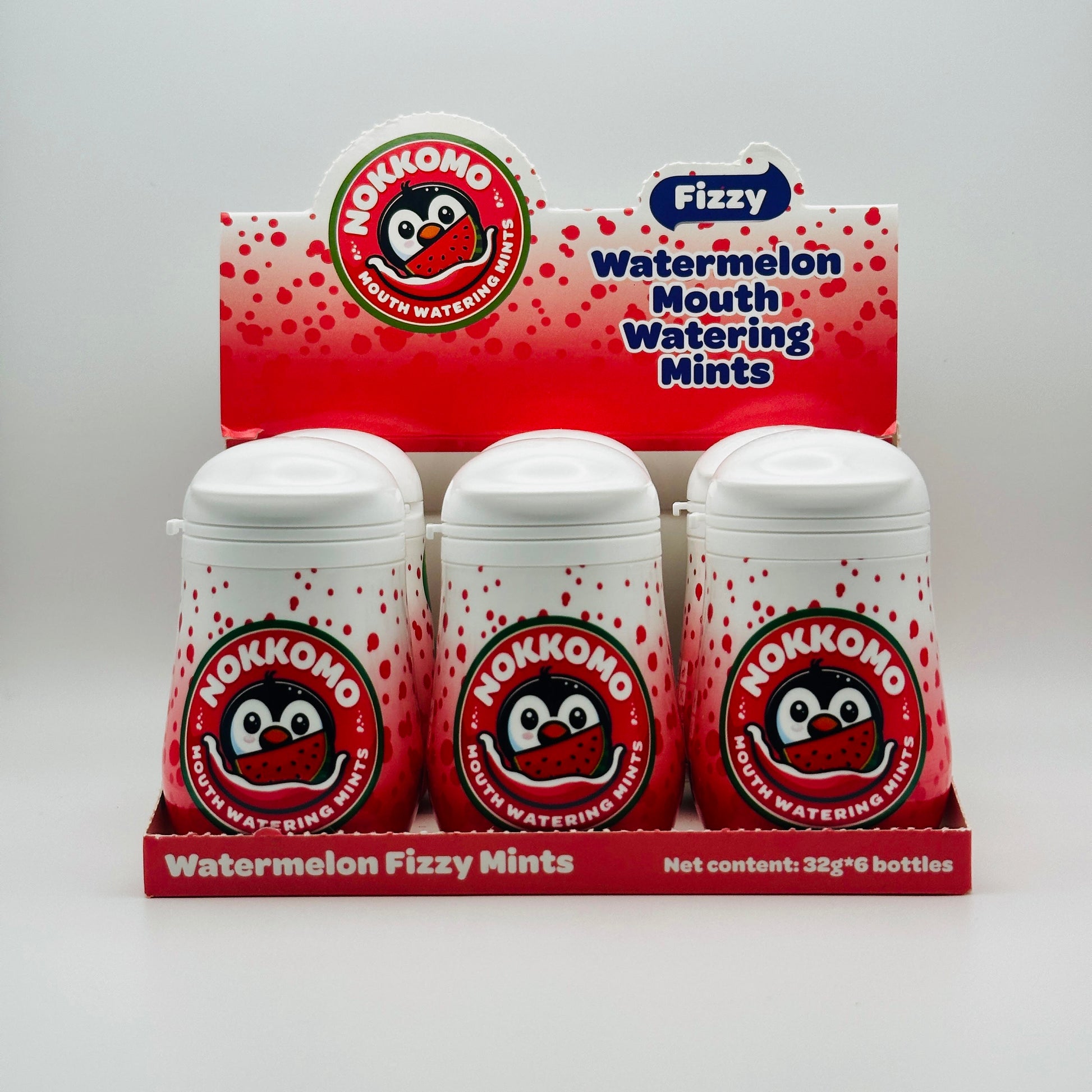 Six bottles of Watemelon flavored Nokkomo Mints for dry mouth relief and fresh breath in portable containers.