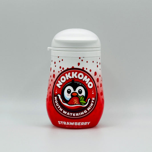 Single Strawberry flavored Nokkomo Mints bottle for dry mouth relief and fresh breath in a portable container.