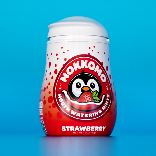 Single Strawberry flavored Nokkomo Mints bottle for dry mouth relief and fresh breath in a portable container.