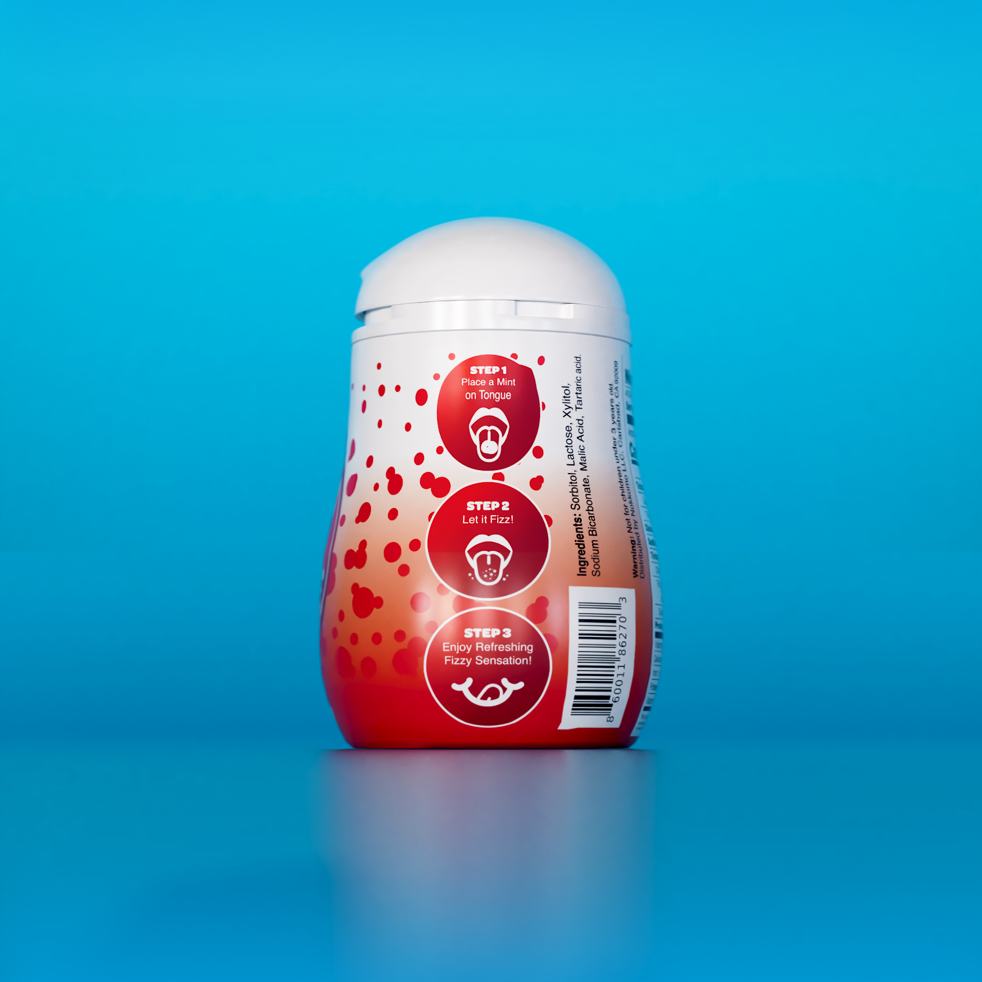Single Strawberry flavored Nokkomo Mints bottle for dry mouth relief and fresh breath in a portable container.
