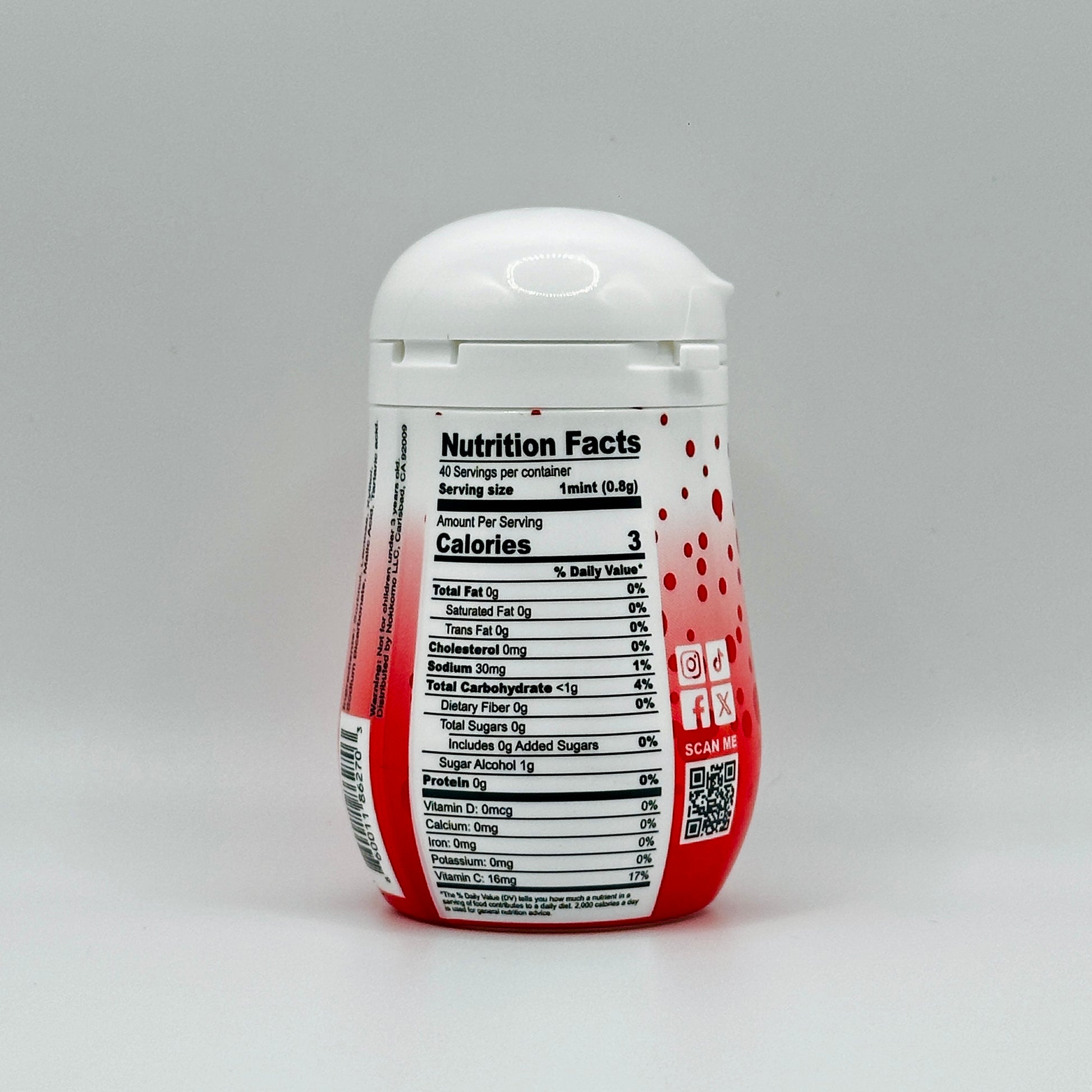 Nutrition Facts of a Single bottle of Strawberry flavored Nokkomo Mints for dry mouth relief and fresh breath in a portable container.