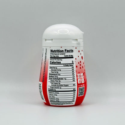 Nutrition Facts of a Single bottle of Strawberry flavored Nokkomo Mints for dry mouth relief and fresh breath in a portable container.