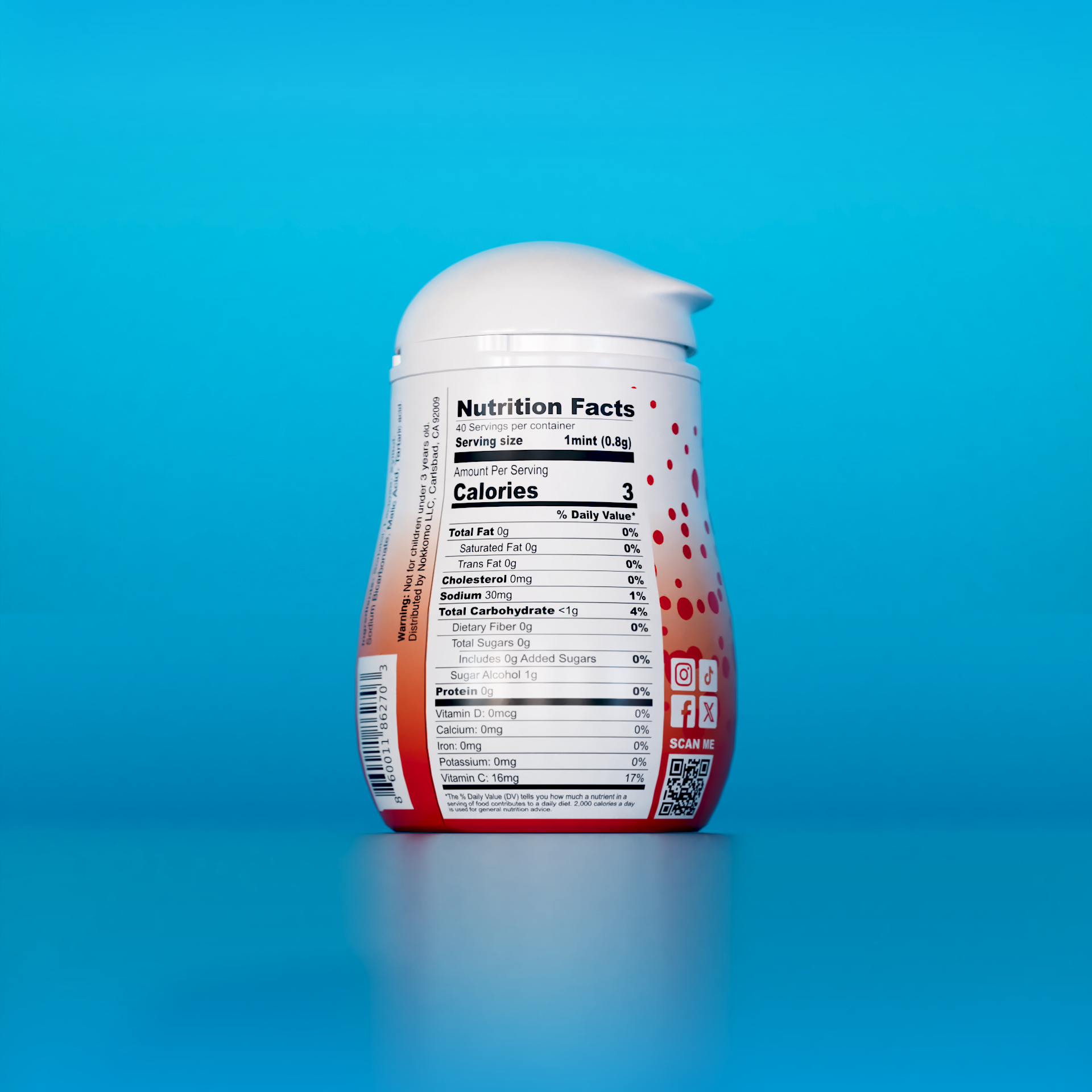 Single Strawberry flavored Nokkomo Mints bottle for dry mouth relief and fresh breath in a portable container.