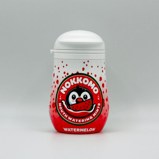 Single Watermelon flavored Nokkomo Mints bottle for dry mouth relief and fresh breath in a portable container.