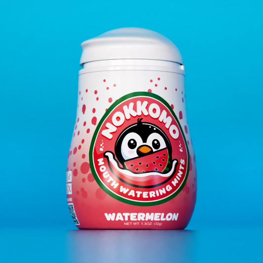 Single Watermelon flavored Nokkomo Mints bottle for dry mouth relief and fresh breath in a portable container.